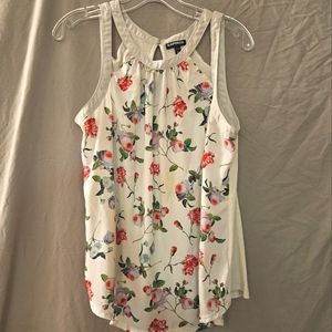 Express Sleeveless White Floral Blouse with Cutout Neckline
